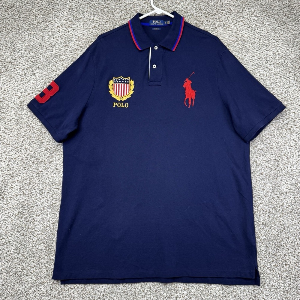 Polo Ralph Lauren Big Pony Polo Shirt Men's XL Navy Blue USA Flag Crest‎ Classic